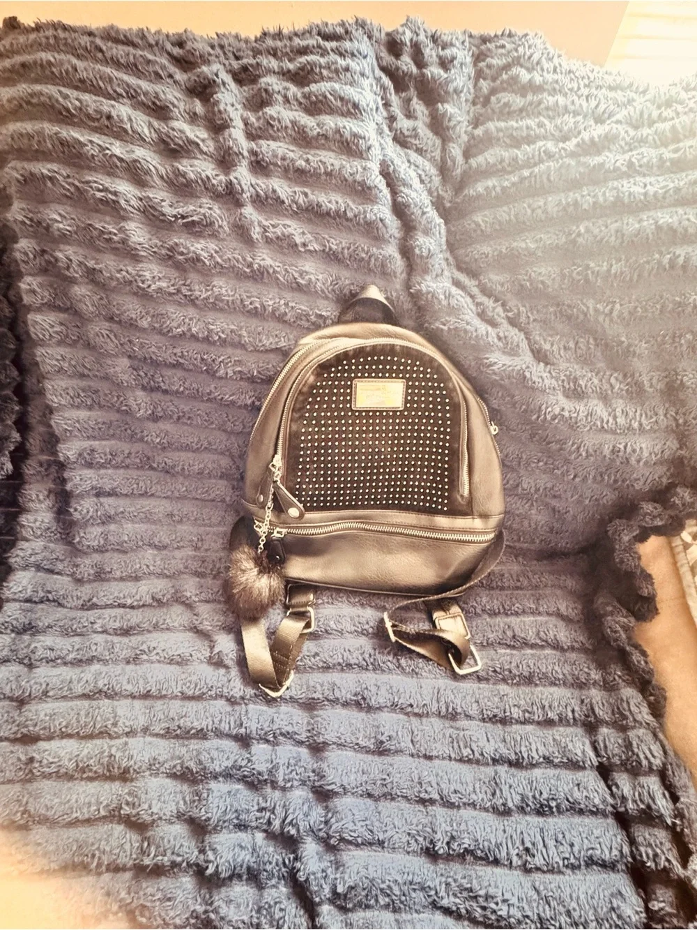 Marc New York Black Studded Mini Backpack with Fur Charm